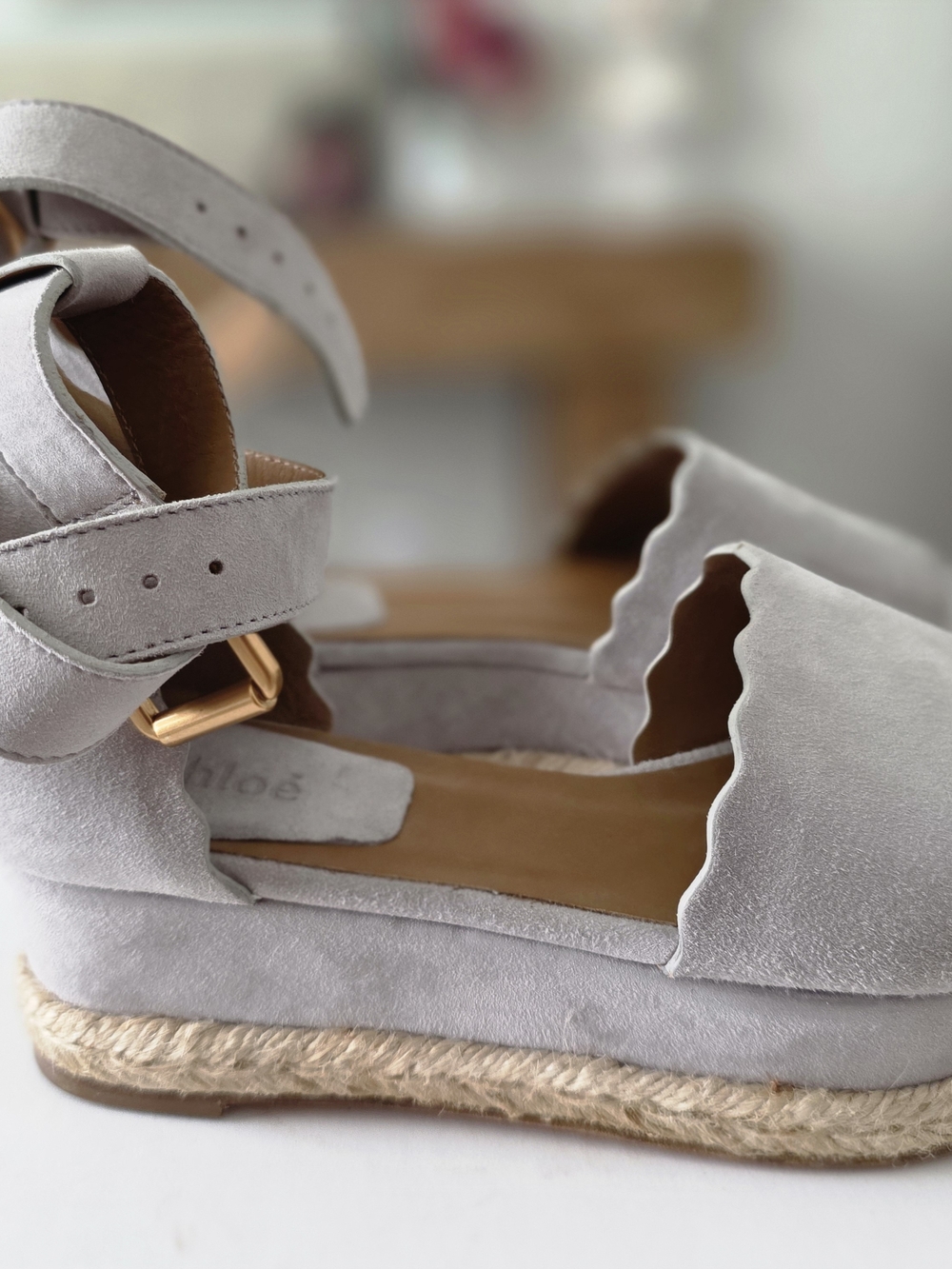 Chloe Women’s Scalloped Espadrille Wedge Sandals in Elephant Gray - Picture 9 of 11